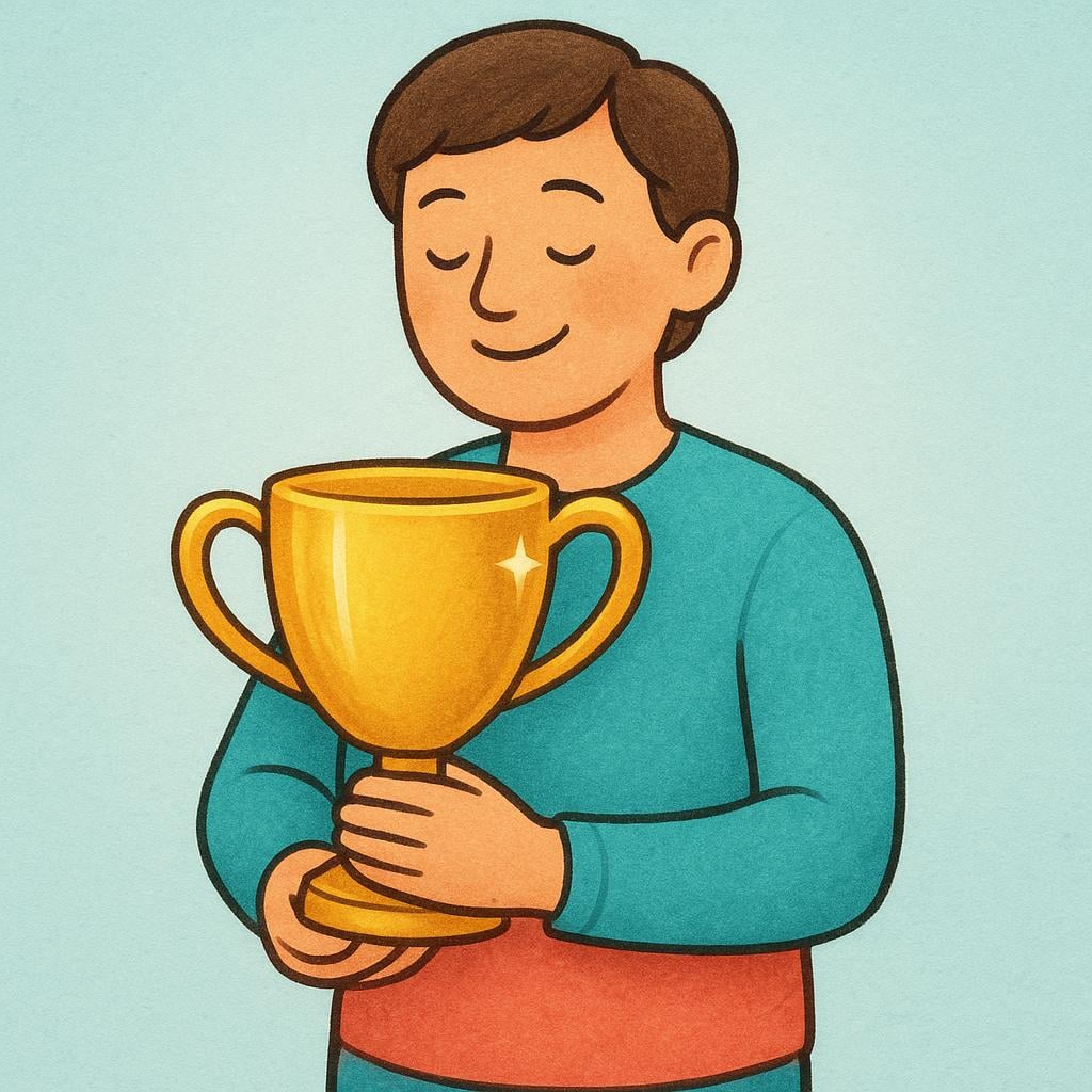 A single person smiling brightly while holding a large, golden trophy close to their chest, emphasizing personal gain.
