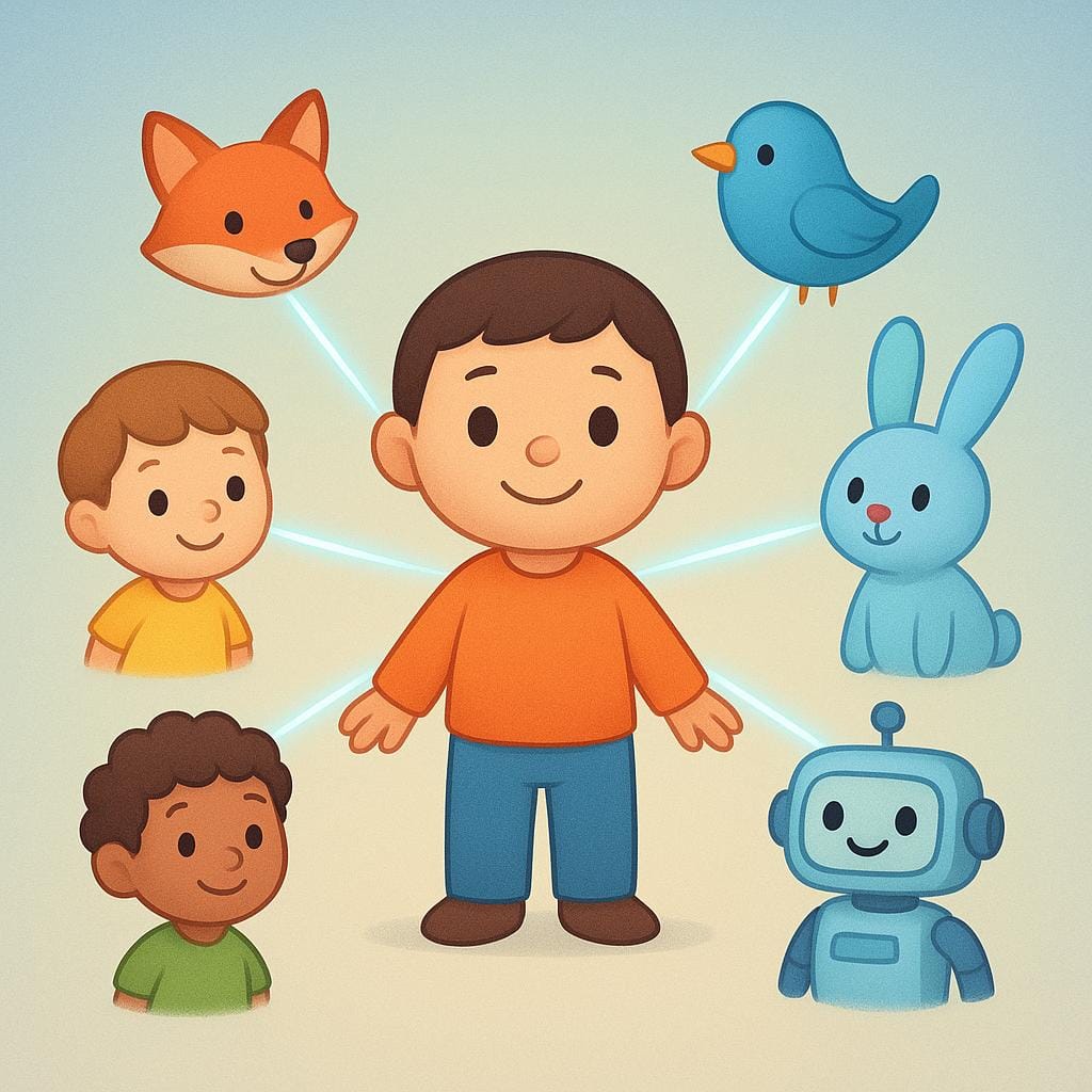 A smiling character standing in the center of a scene, with multiple glowing blue lines extending from them to several other friendly, stylized characters nearby, symbolizing influence and contacts.