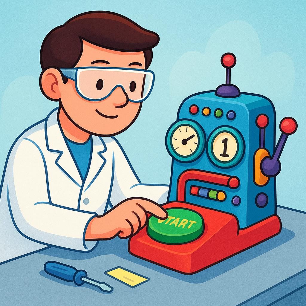 A person wearing safety goggles carefully flipping a switch on a small, colorful scientific device on a workbench.