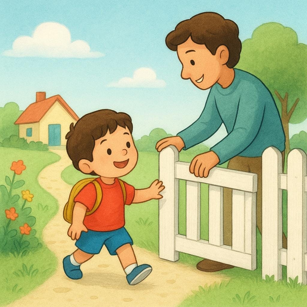 A storybook illustration showing a smiling adult opening a small wooden gate for a happy child who is now allowed to enter a sunny garden.