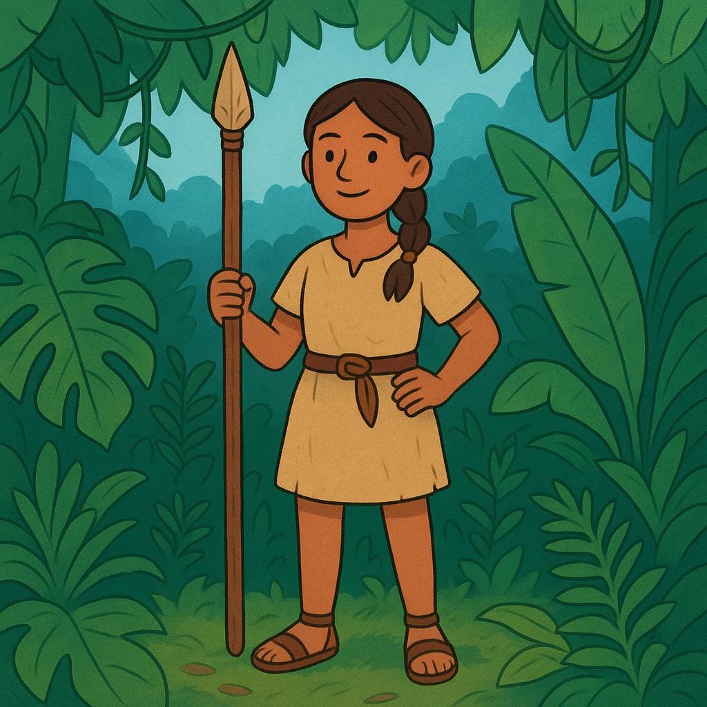 A simplified illustration of a person wearing rustic clothing and holding a wooden spear, standing against a backdrop of dense jungle foliage.