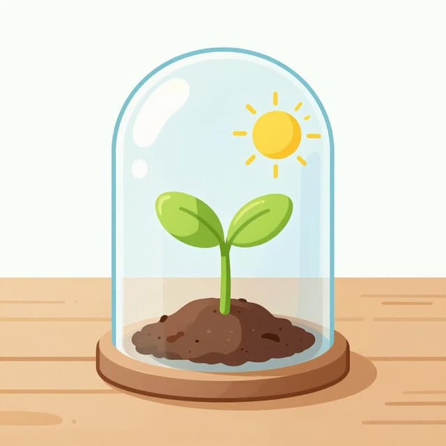 A small plant growing inside a protective glass dome, relying on the water droplets and soil inside to survive.