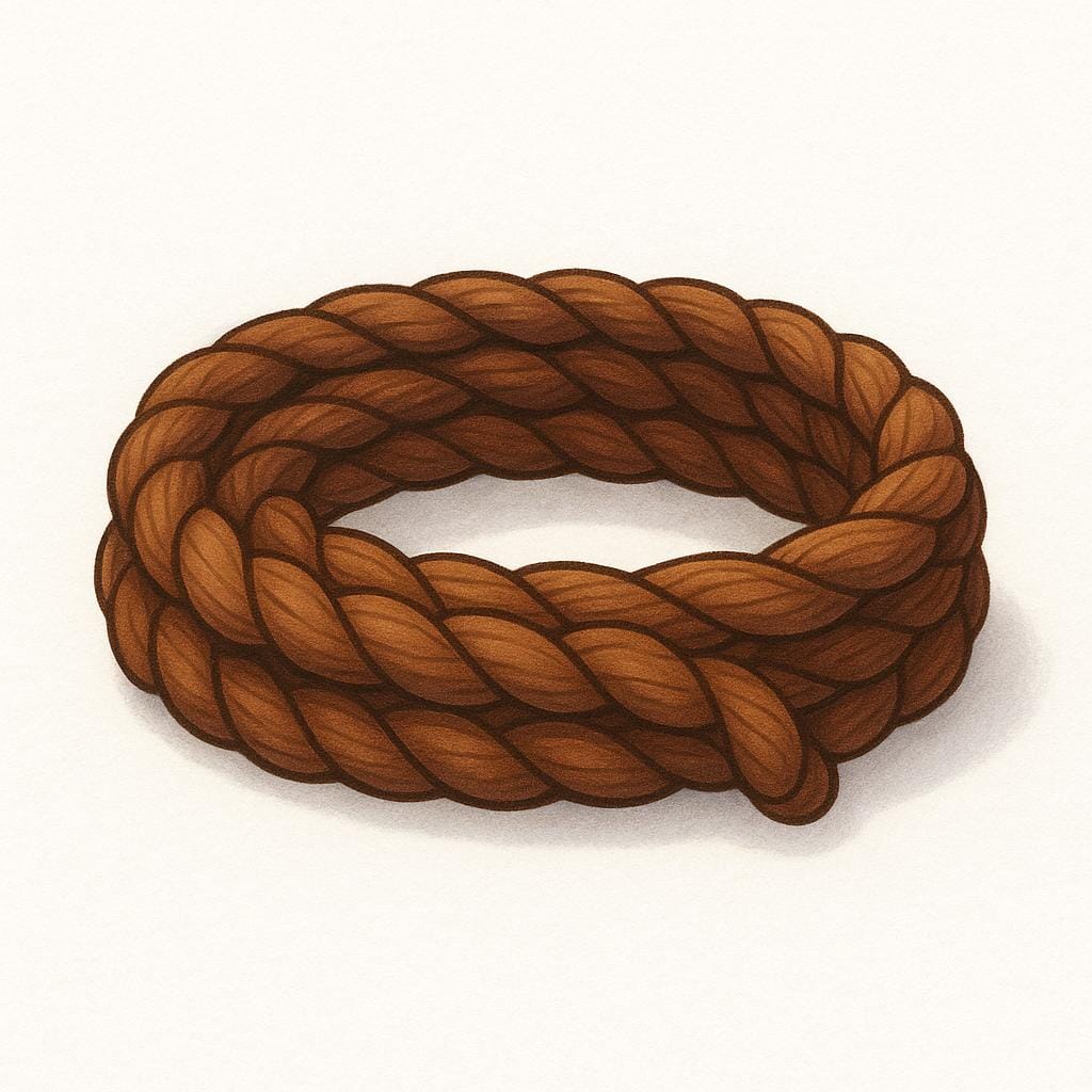 A thick, heavy, brown braided rope is neatly coiled on a neutral surface.