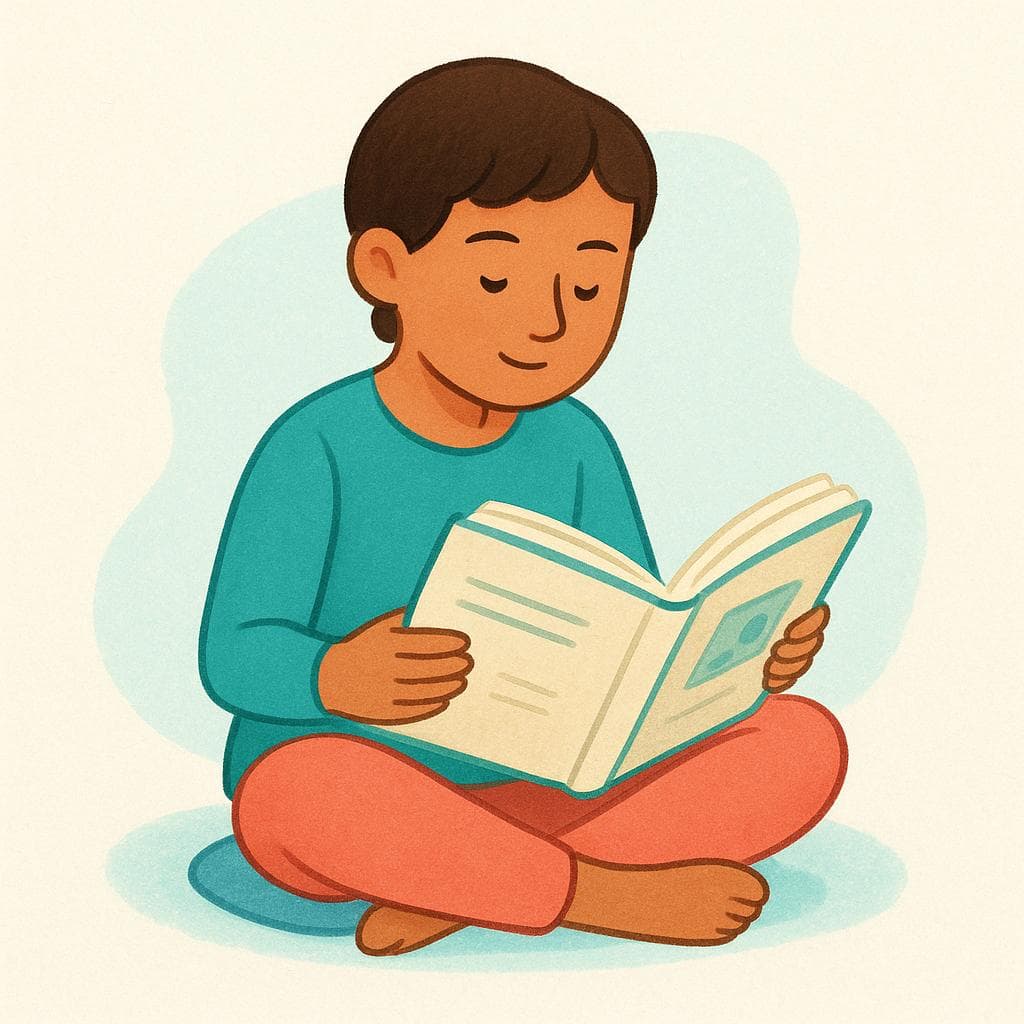 Eine Person sitzt da und hält ein offenes Buch in den Händen, konzentriert auf die Seiten.