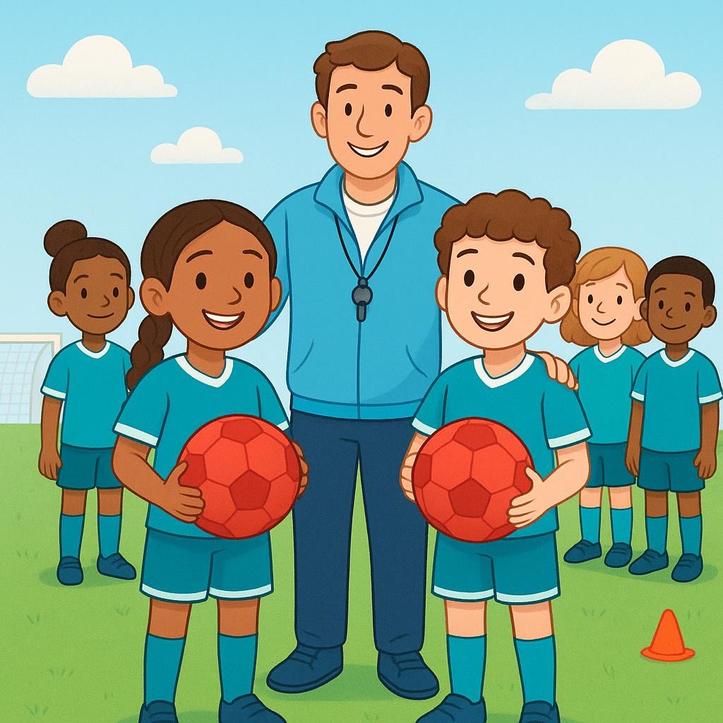 A storybook illustration of two new soccer players holding soccer balls, standing beside a coach and joining four existing team members on a green field.