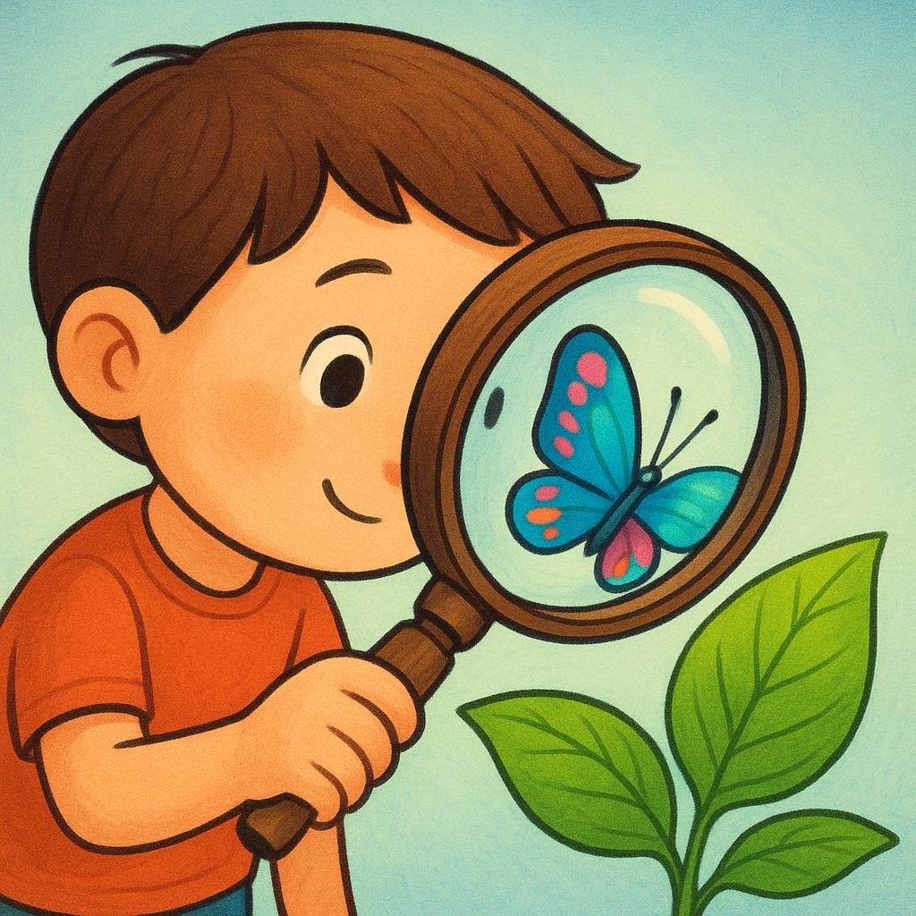 A stylized child intensely observing a brightly colored butterfly resting on a green leaf using a large magnifying glass.