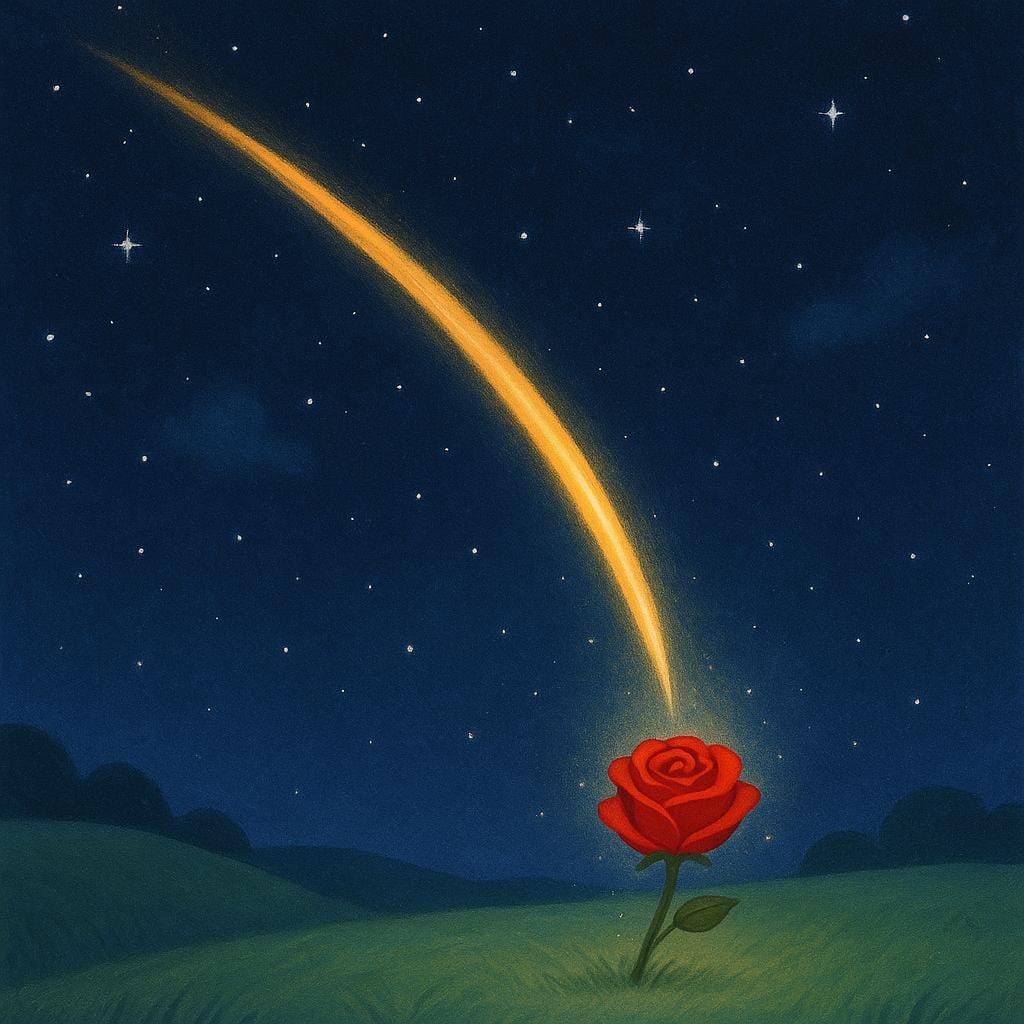 A storybook illustration showing a stream of golden light originating from a shooting star, which transforms into a perfect, blooming red rose on the ground, symbolizing a wish coming true.