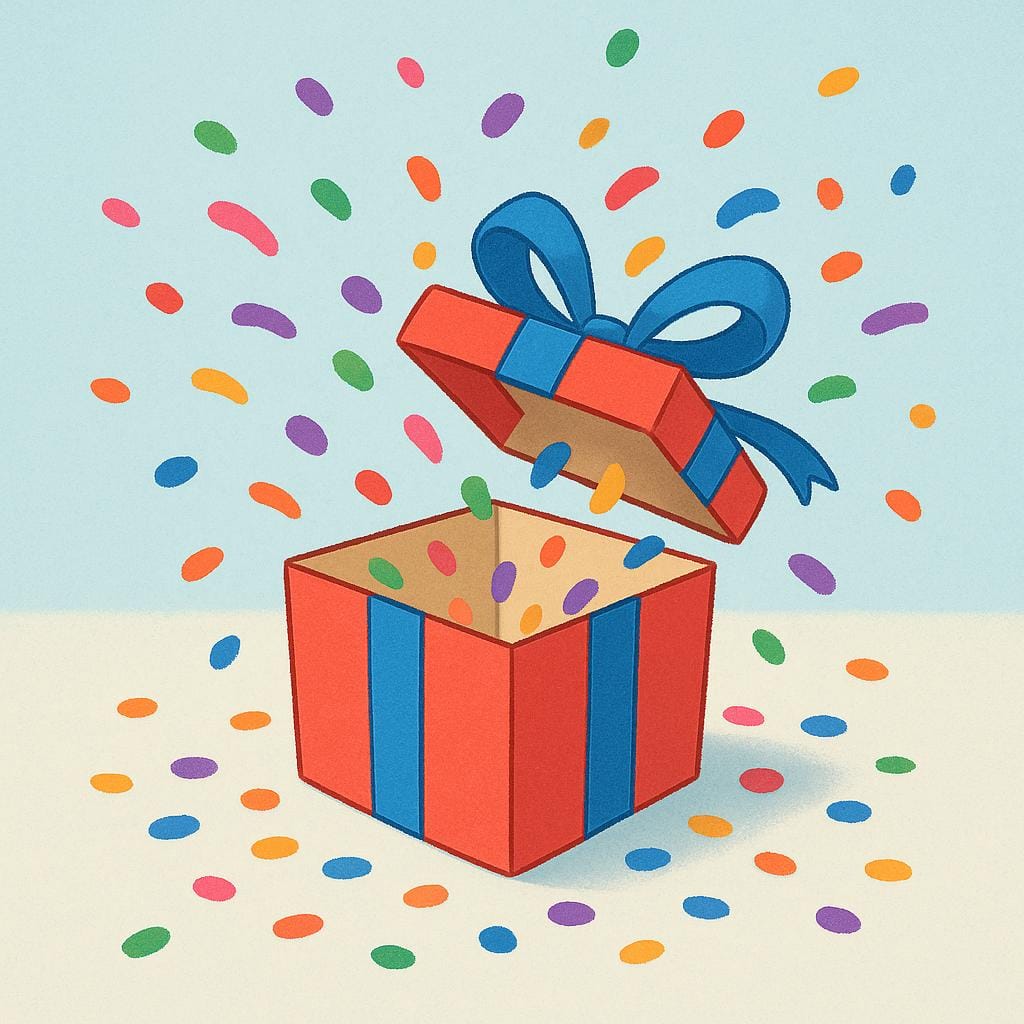 A wrapped gift box is falling open onto the floor, scattering small colorful confetti, symbolizing a surprise being ruined or spoiled.