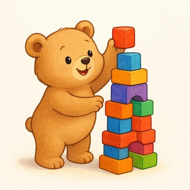 Ein lächelnder Bärenjunges vollendet einen Holzklotzturm, indem es den letzten Klotz daraufsetzt.