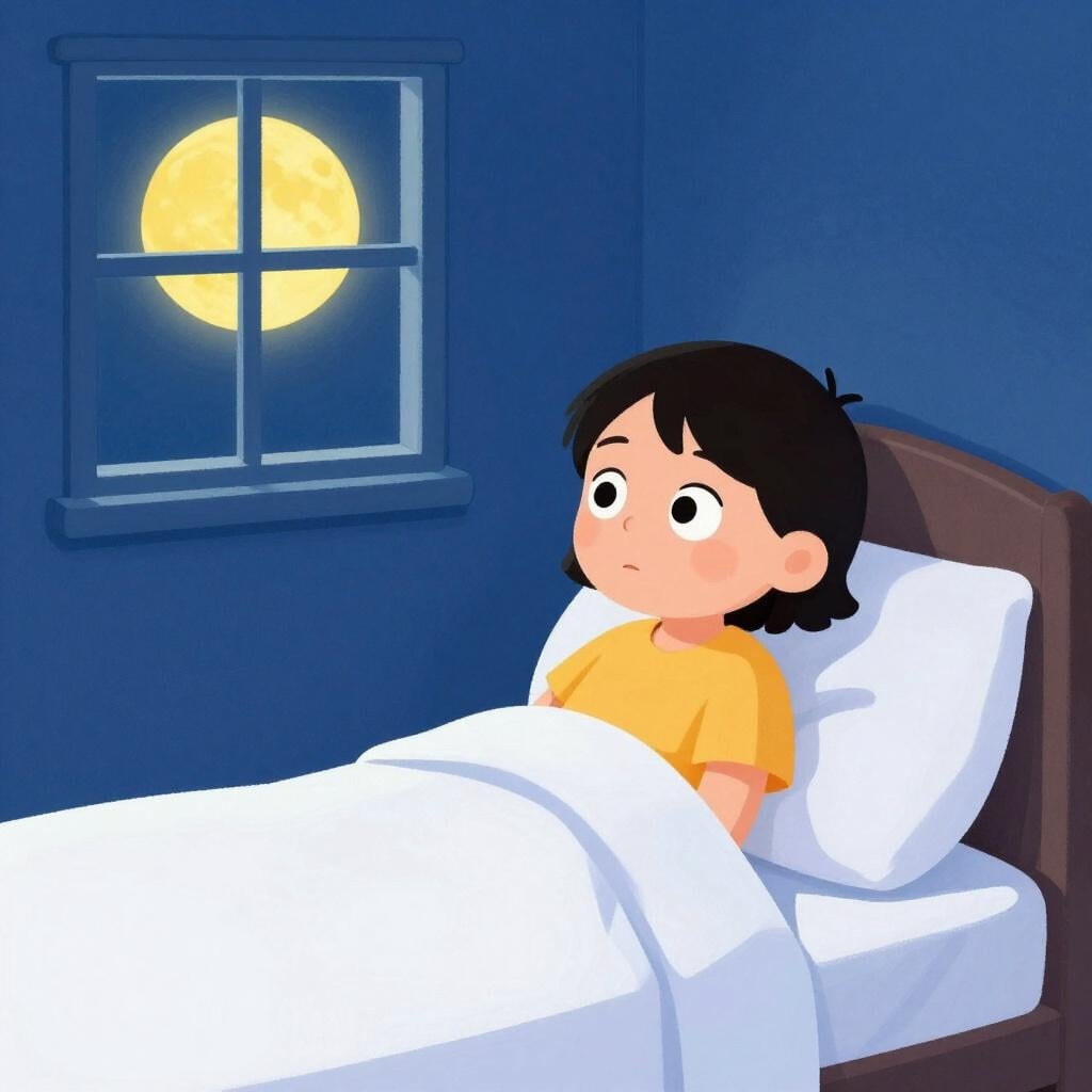 A person sitting up in bed with wide eyes while a bright moon shines through the window.