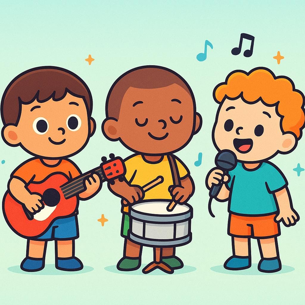 Three cartoon figures forming a musical band, playing a guitar, drums, and singing into a microphone.