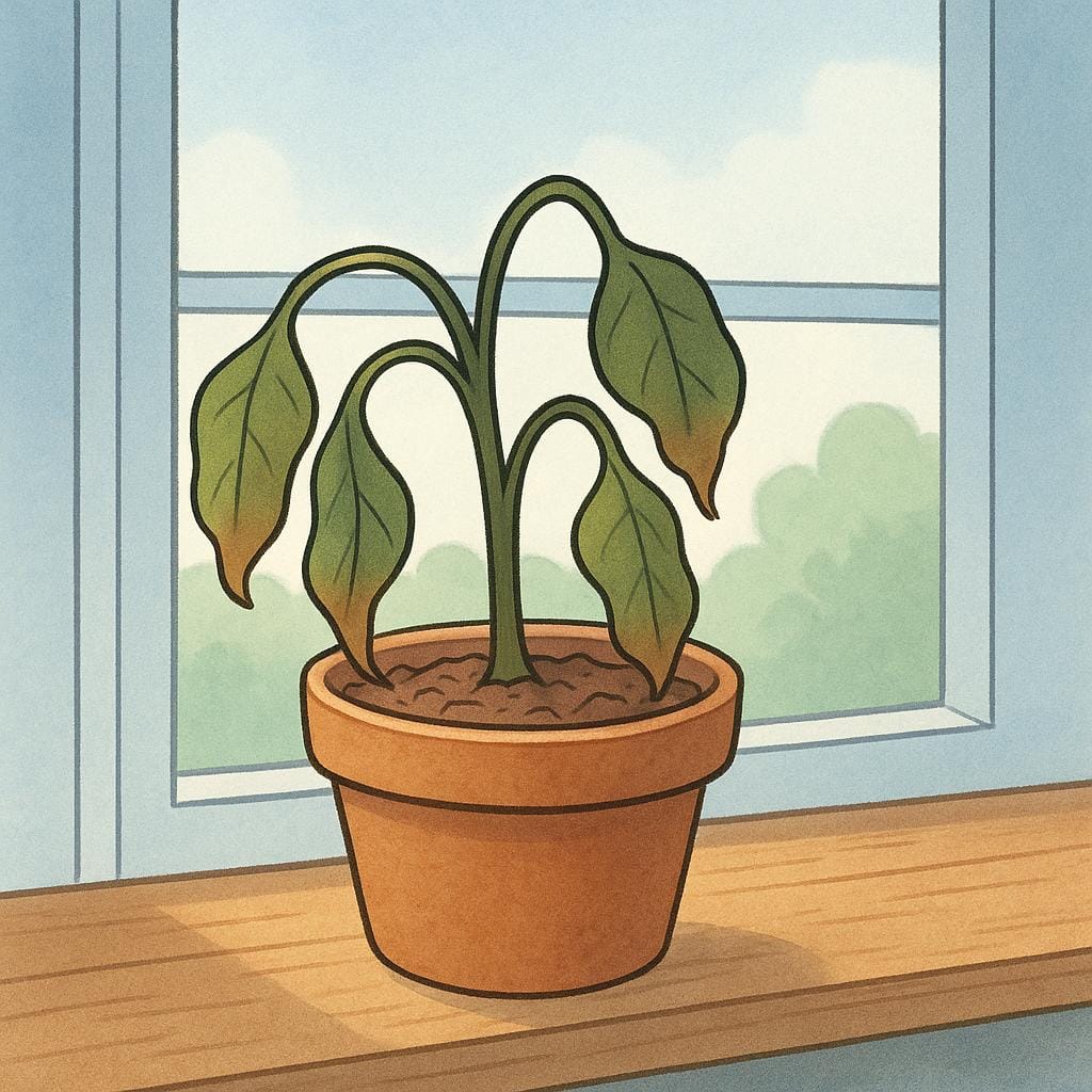 Eine verwelkte, braune Zimmerpflanze mit hängenden Blättern steht in einem kleinen Terrakottatopf auf einer Fensterbank und leidet offensichtlich unter Vernachlässigung.