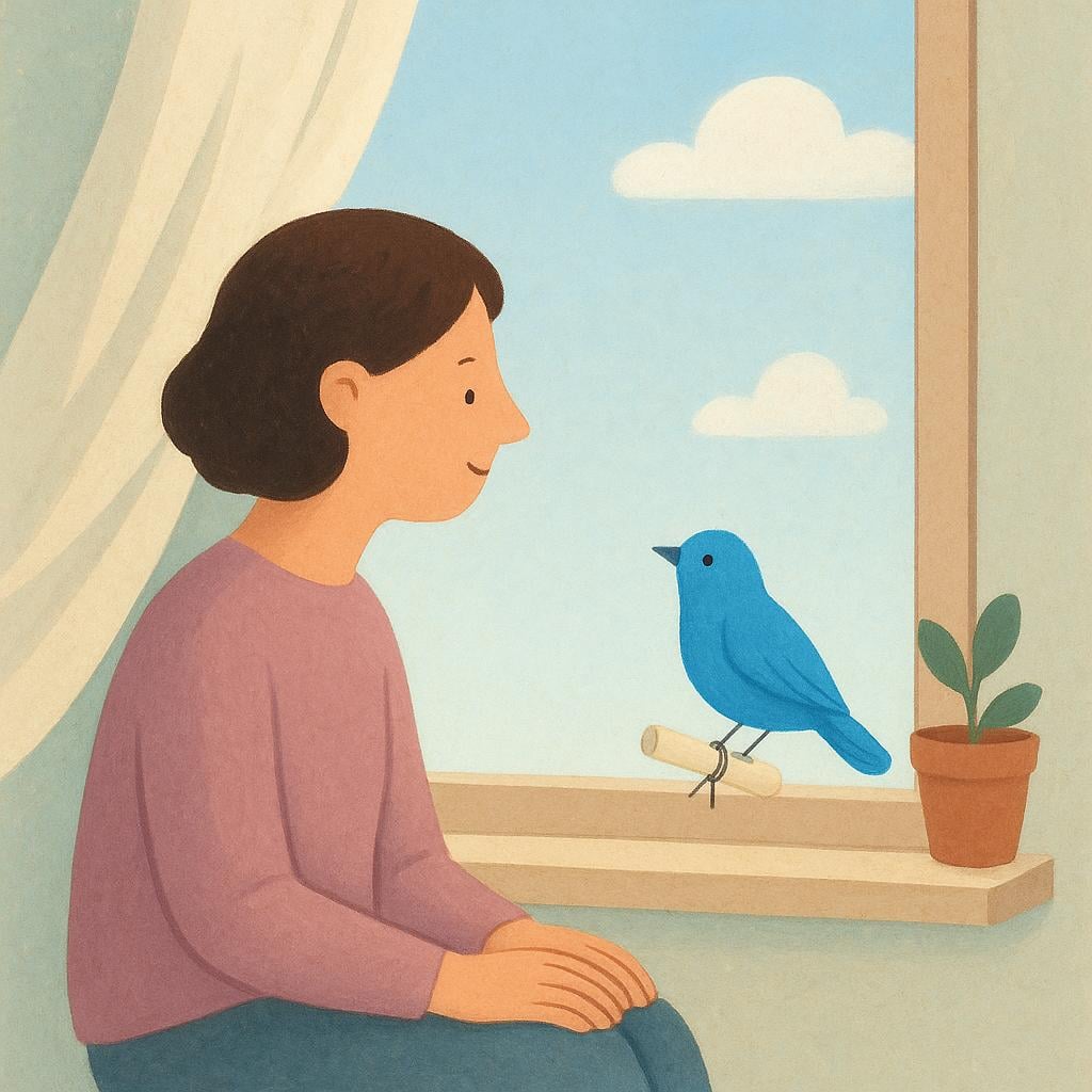 A person sitting by an open window, looking at a small blue bird perched on the sill with a tiny rolled-up note attached to its leg.