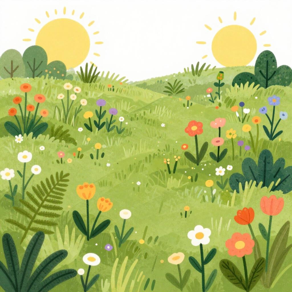 Uma variedade vibrante de flores silvestres, samambaias e plantas verdes crescendo juntas em um prado exuberante.