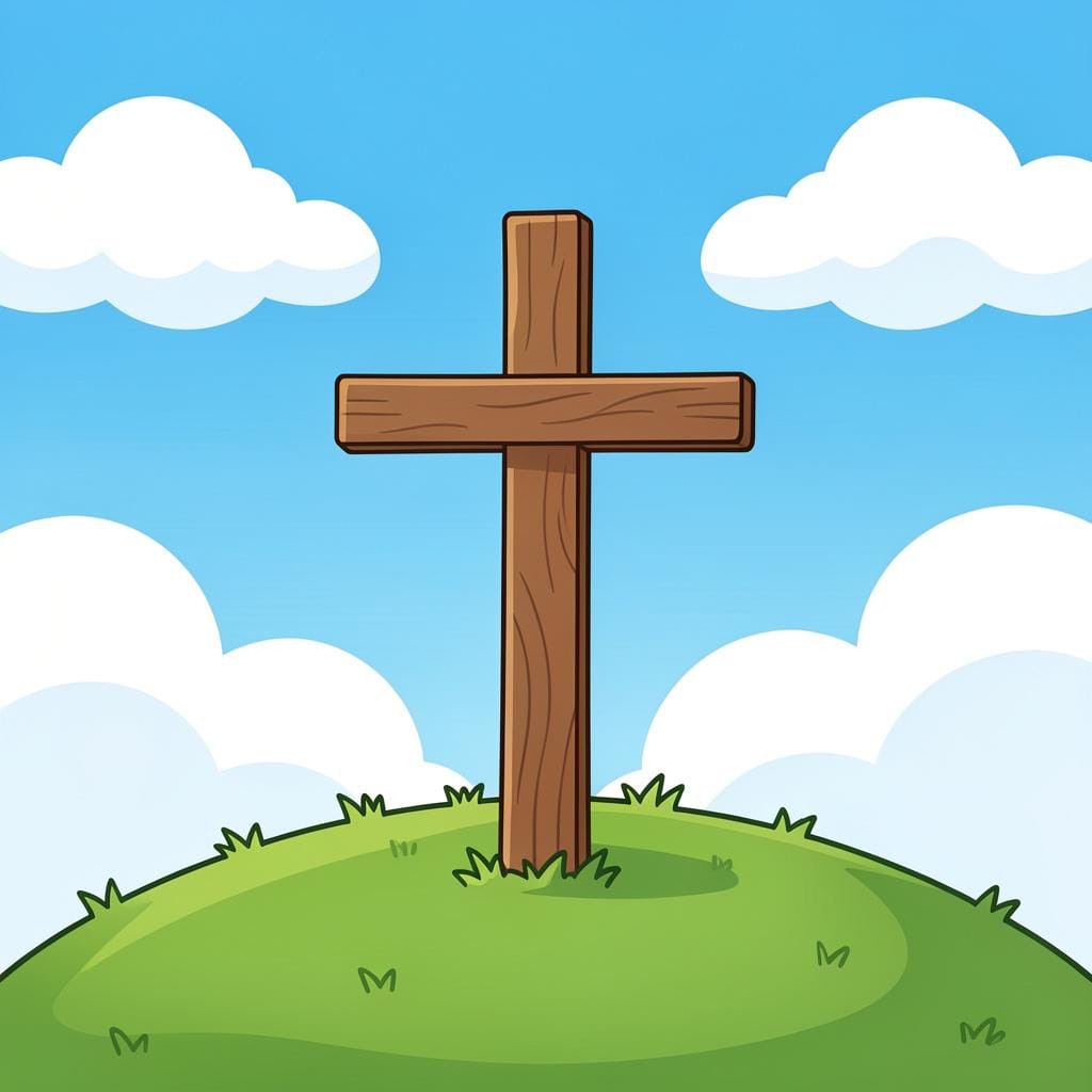 A high-quality storybook illustration of a wooden cross on a hill under a bright, colorful sky.