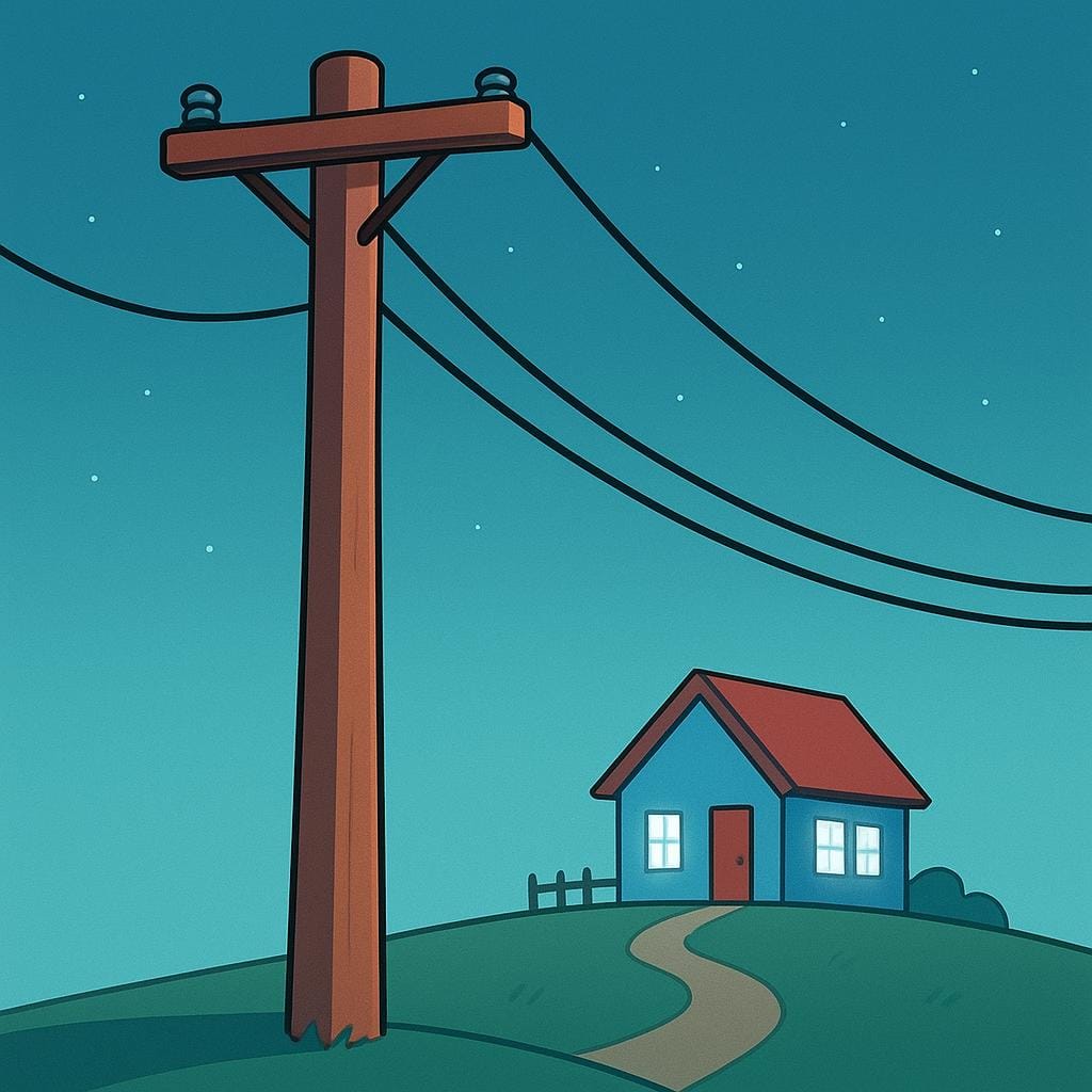 背景に明るく照らされた小さな家に向かって太い電線が走っている、背の高い電柱の絵本のような描写。電力会社を象徴しています。