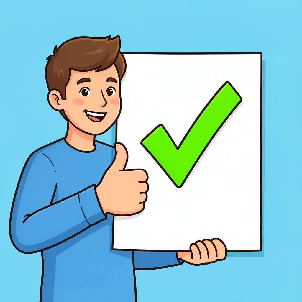 A person giving a thumbs up while looking at a checkmark on a piece of paper.