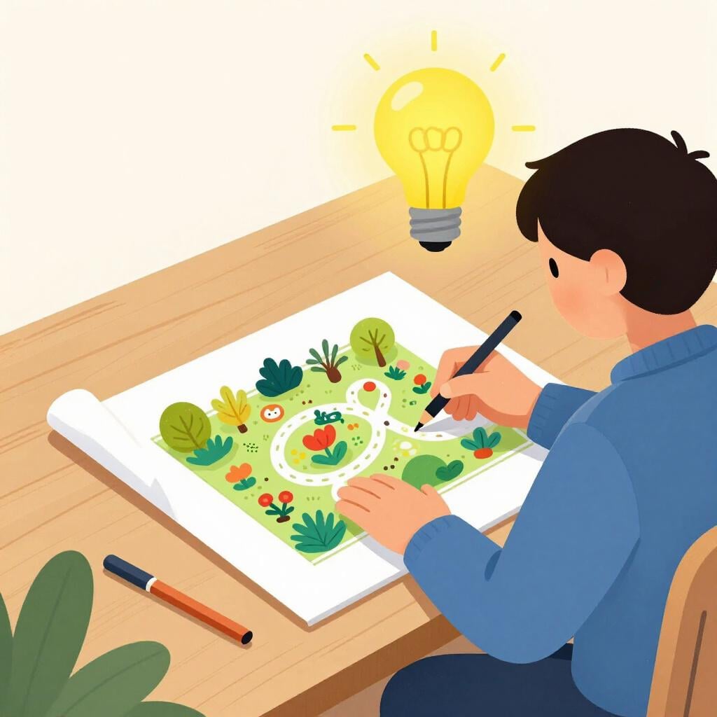 電球が頭上に光る中、庭の地図を描いている人が机に向かっている。