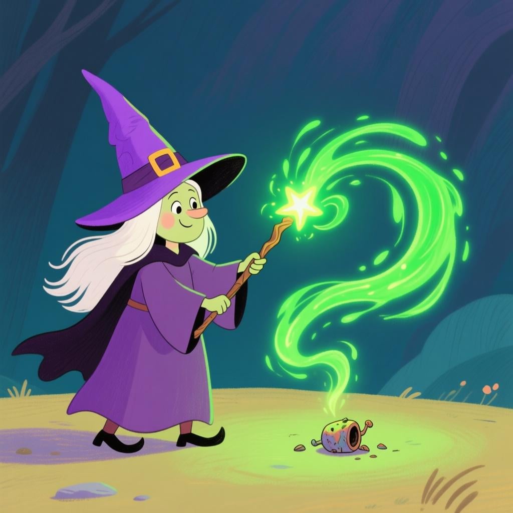 A sorceress casting a swirling, visible green magic spell onto a nearby knight or object.