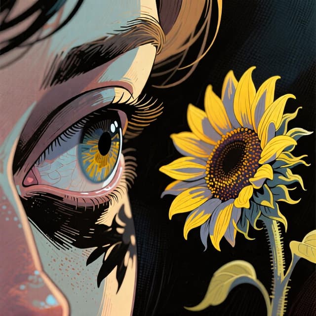 Um olho humano olhando para uma flor amarela brilhante, representando o ato de ver.