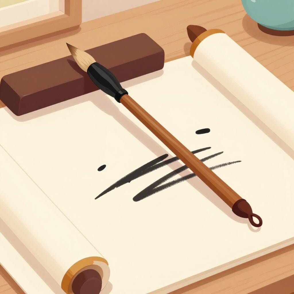 예술적인 붓놀림으로 글쓰기의 정수를 표현한 붓과 두루마리가 있는 전통 한국 붓글씨 도구.