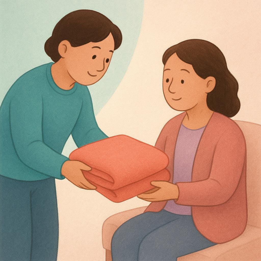 A simple illustration depicting an act of kindness: one adult figure is gently placing a warm blanket over the shoulders of another figure who is sitting down and looking cold.