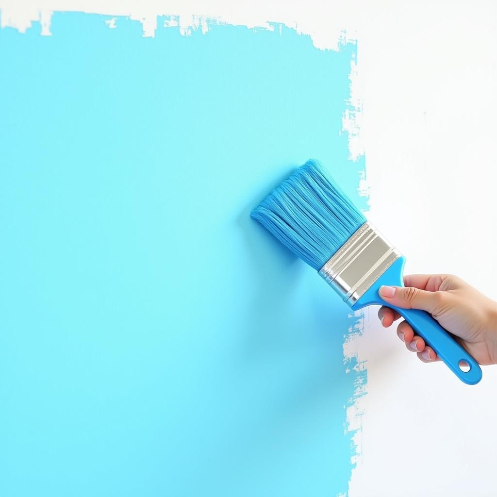 A paintbrush applying a single, smooth layer of blue paint onto a neutral wall, showing a distinct coat.