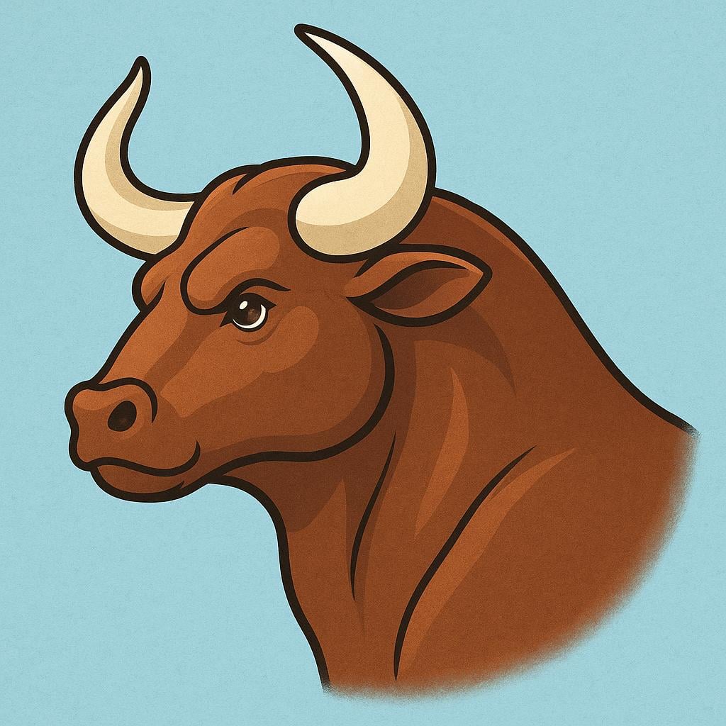 A close-up profile illustration of a large brown bull's head, showing its thick, curved horns prominently.