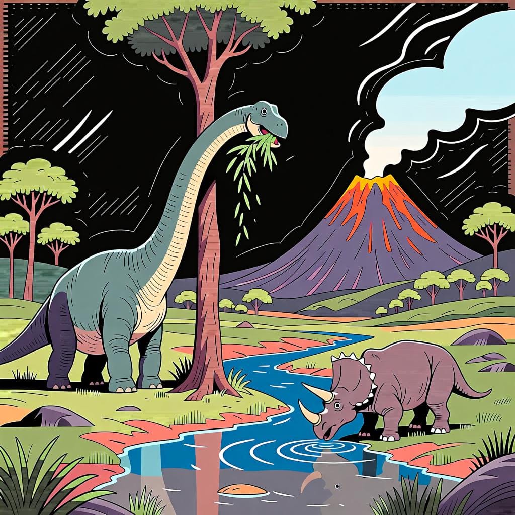 A vast prehistoric landscape showing dinosaurs roaming near a volcano.