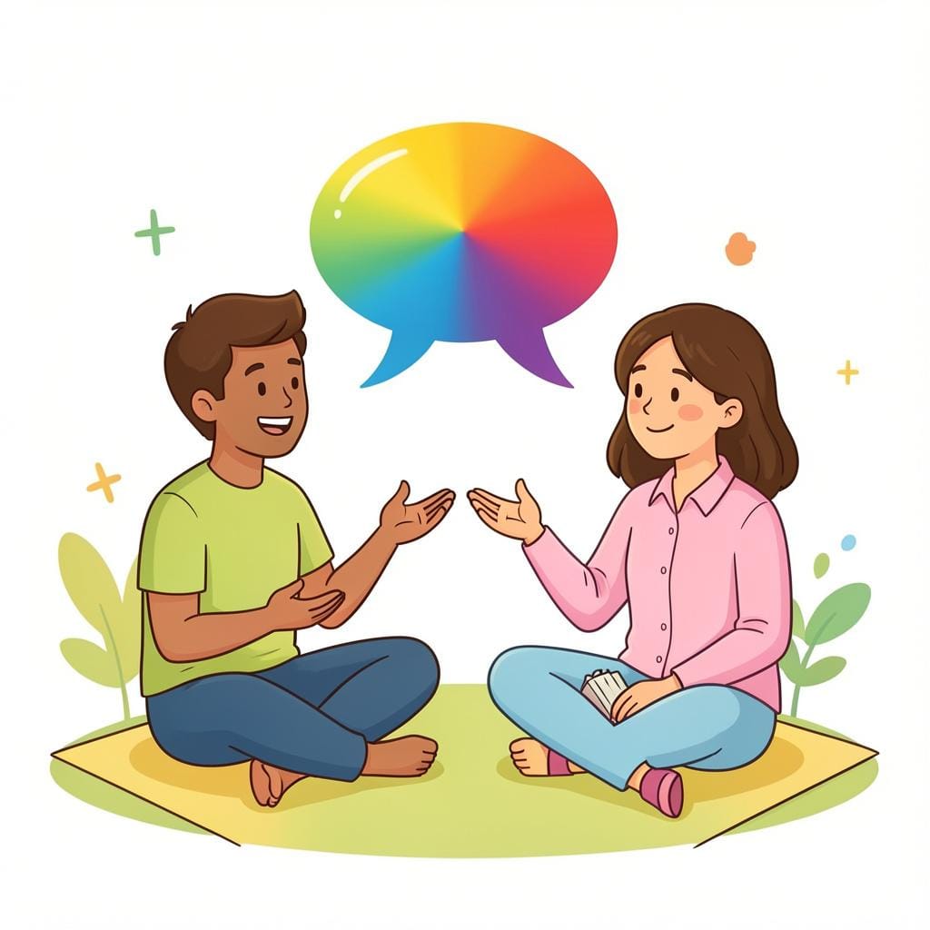 친근한 사람이 입을 벌리고 말풍선 안에 작은 하트가 있는 모습으로, 누군가에게 말하는 것을 보여줍니다.