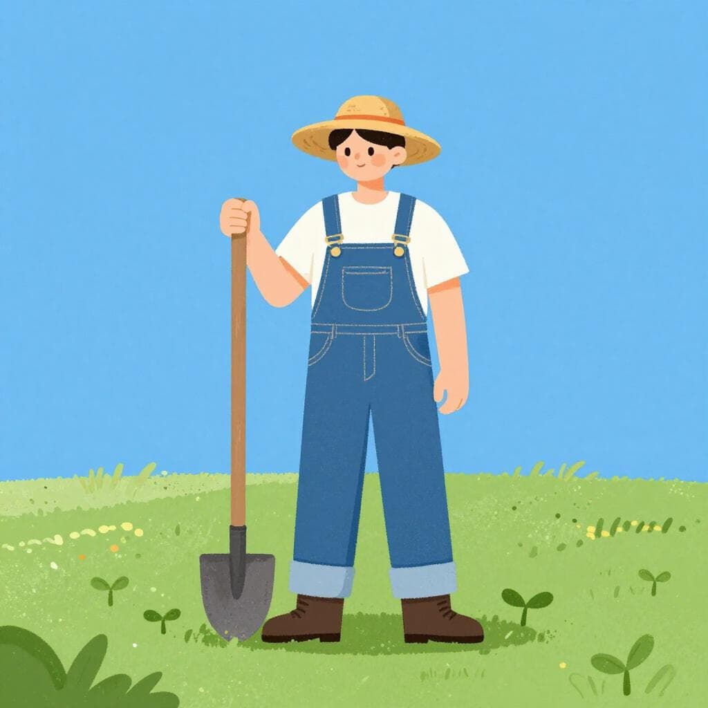 Un homme sympathique avec un chapeau de paille et une salopette, debout dans un champ, tenant une pelle.