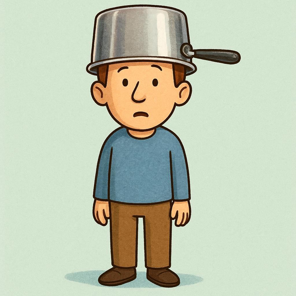 A male character wearing a metal cooking pot upside down on his head instead of a hat, looking utterly confused and foolish.