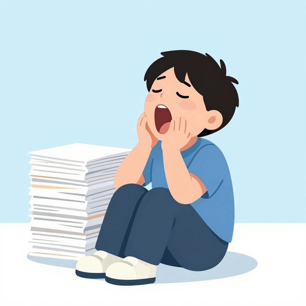 A person sitting on a chair looking very tired and yawning while looking at a very thick, heavy book.