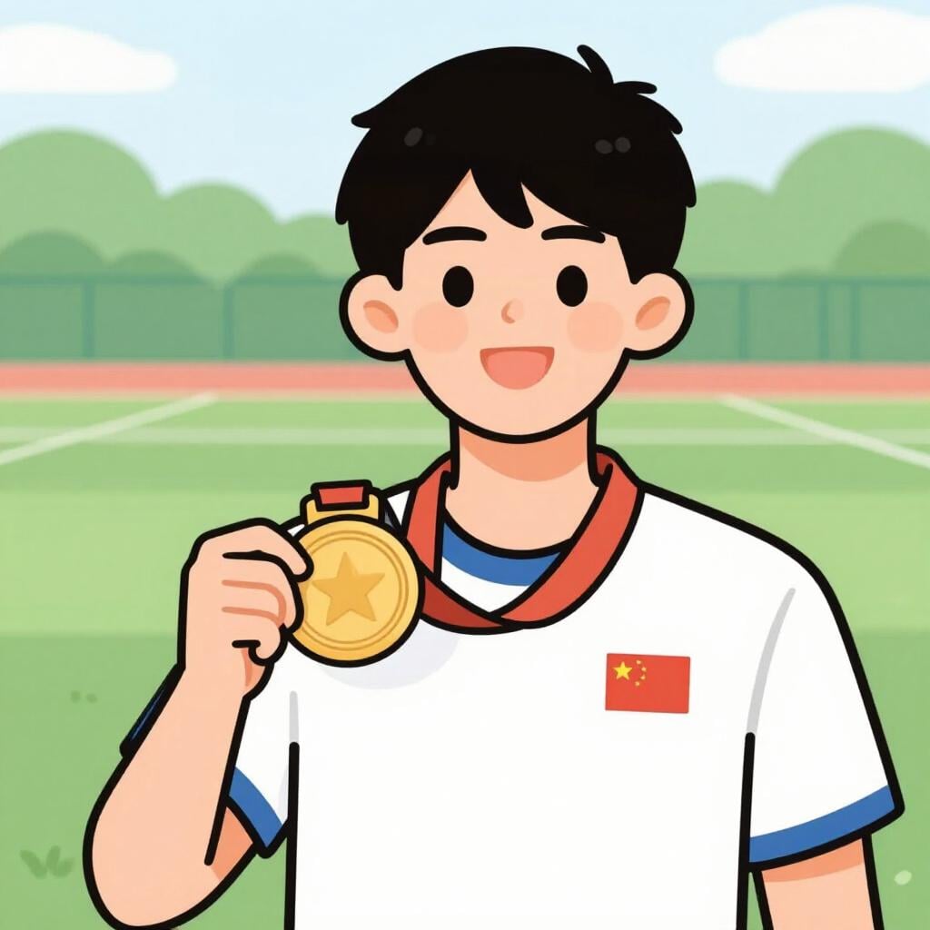 Een jonge atleet die een glimmende gouden medaille stevig tegen de borst drukt met een trotse uitdrukking.