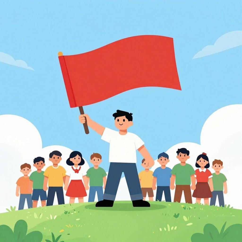 Eine bunte Illustration einer Person, die auf einem kleinen Hügel steht und eine leuchtend rote Fahne hält, die eine Gruppe von Menschen anführt.