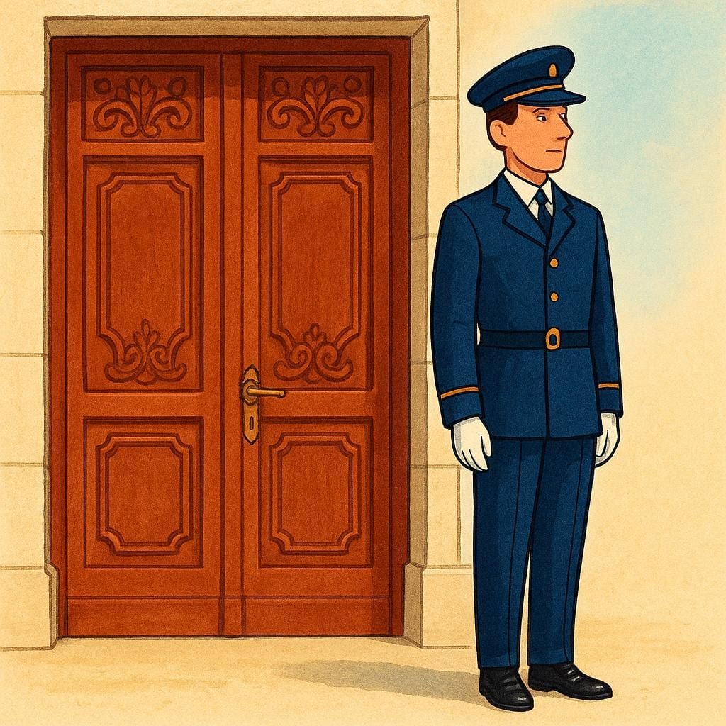 A person in a neat, dark blue uniform and matching hat standing formally at attention next to a large, ornate wooden door.