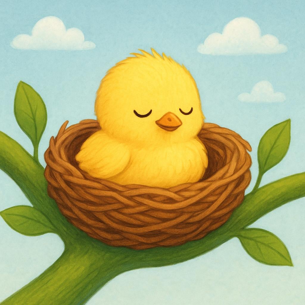 A small, vulnerable bird resting securely and peacefully inside a protected nest high in a tree, symbolizing being safe and unharmed.