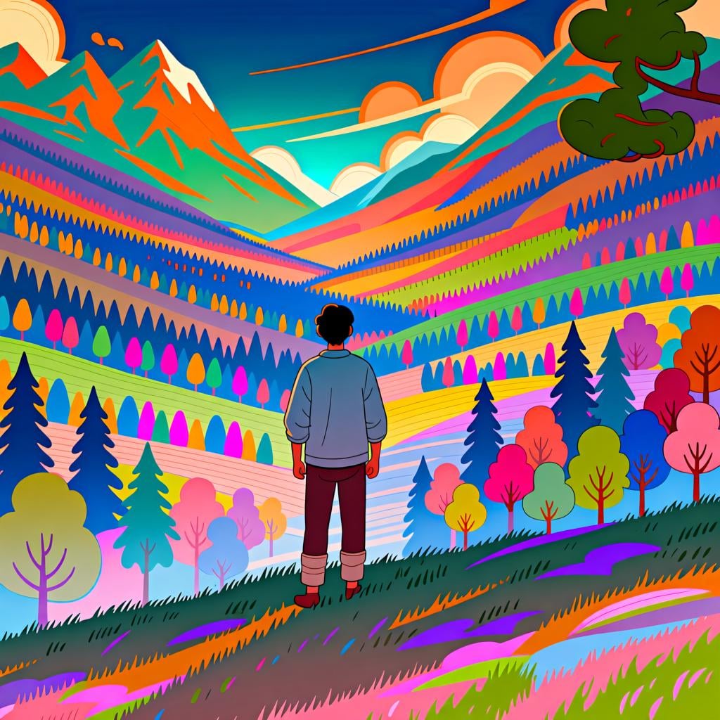 Une personne stylisée debout sur une colline, regardant attentivement et calmement un grand paysage coloré et détaillé s'étendant devant elle.