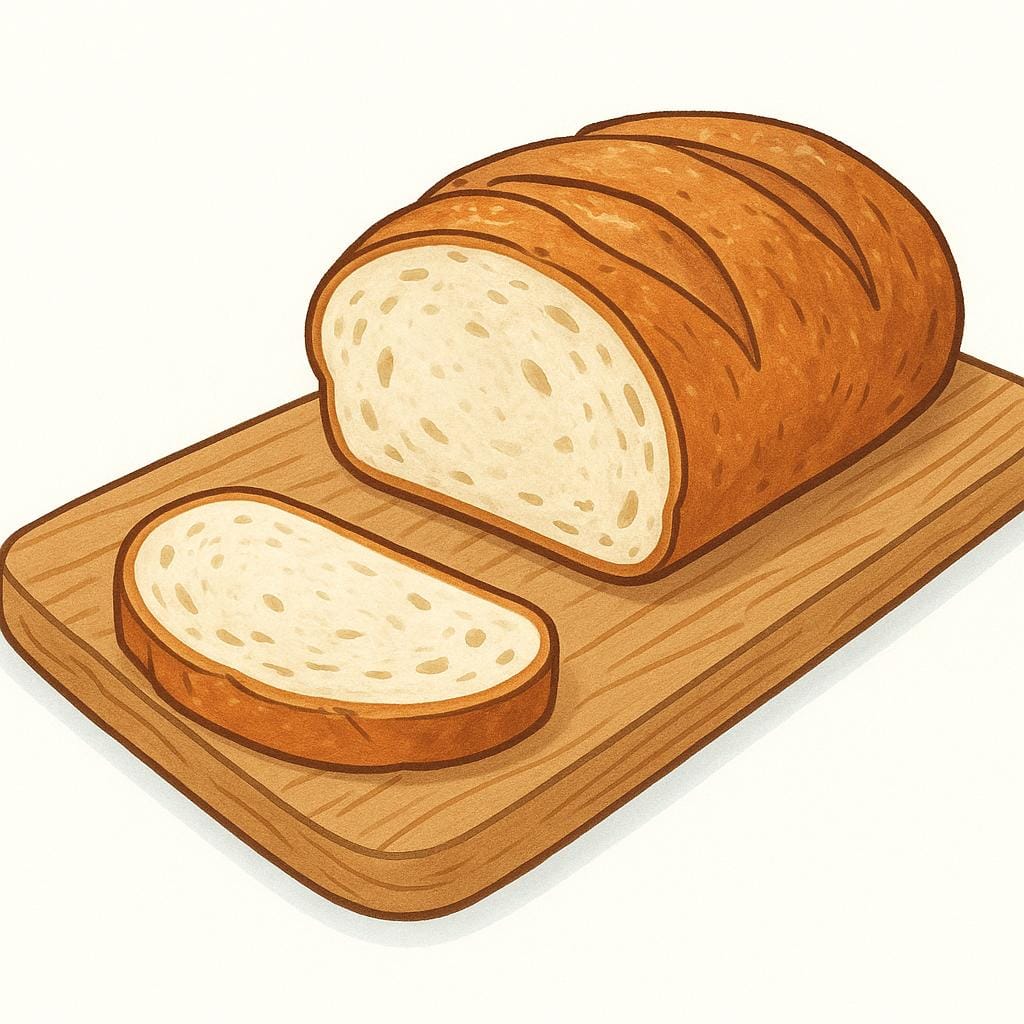 A thick, rustic slice of freshly baked bread resting next to the main loaf from which it was cut.