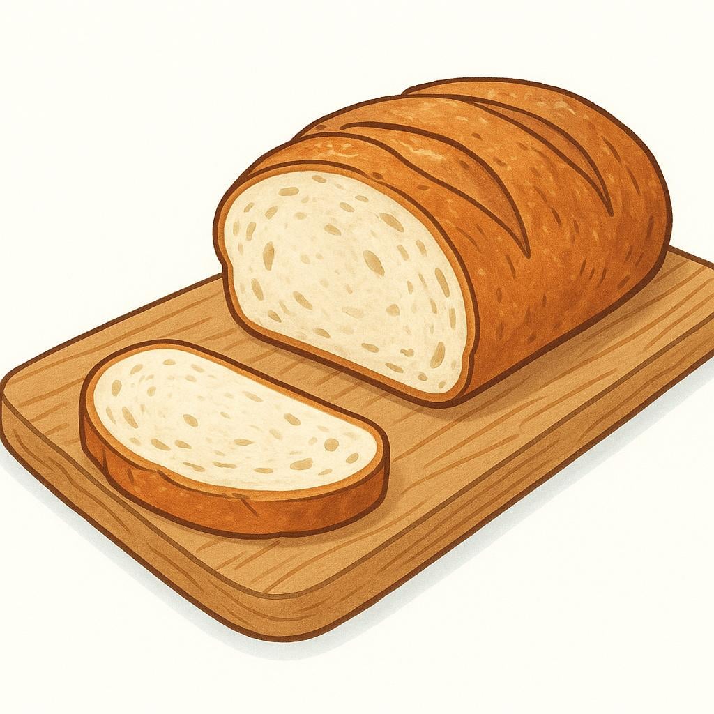 A thick, rustic slice of freshly baked bread resting next to the main loaf from which it was cut.