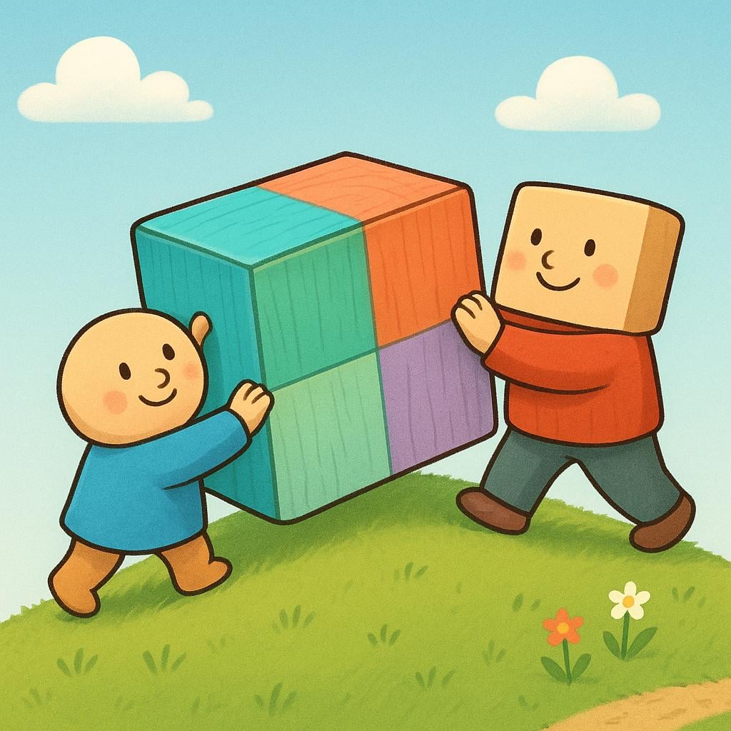 Two happy, small figures collaborating to push a large, colorful wooden block up a gentle incline, symbolizing achieved capability through teamwork.