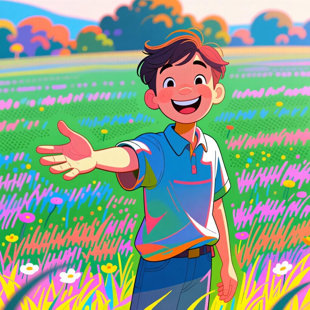 A person making a clear 'come here' gesture with an outstretched hand in a bright, open field.