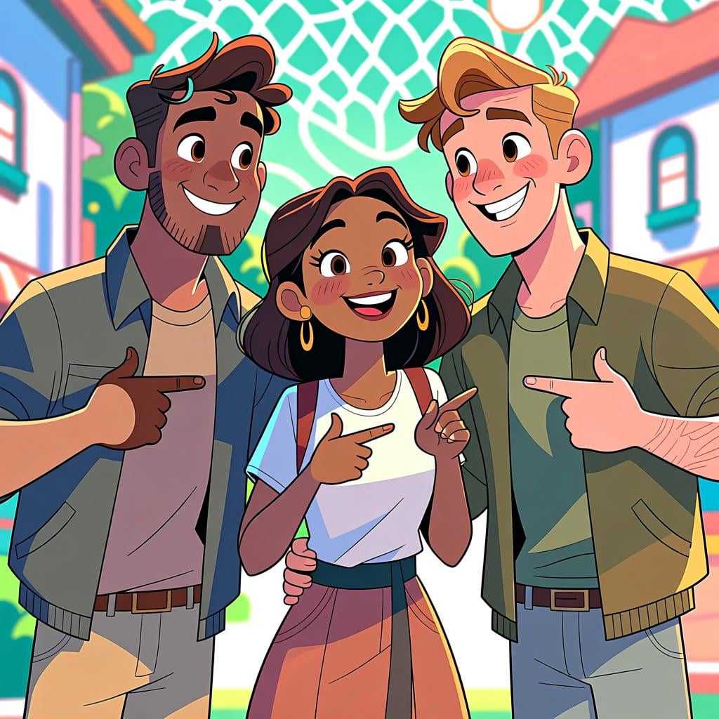 A diverse group of friends of mixed genders smiling and pointing to themselves, representing the concept of 'we'.