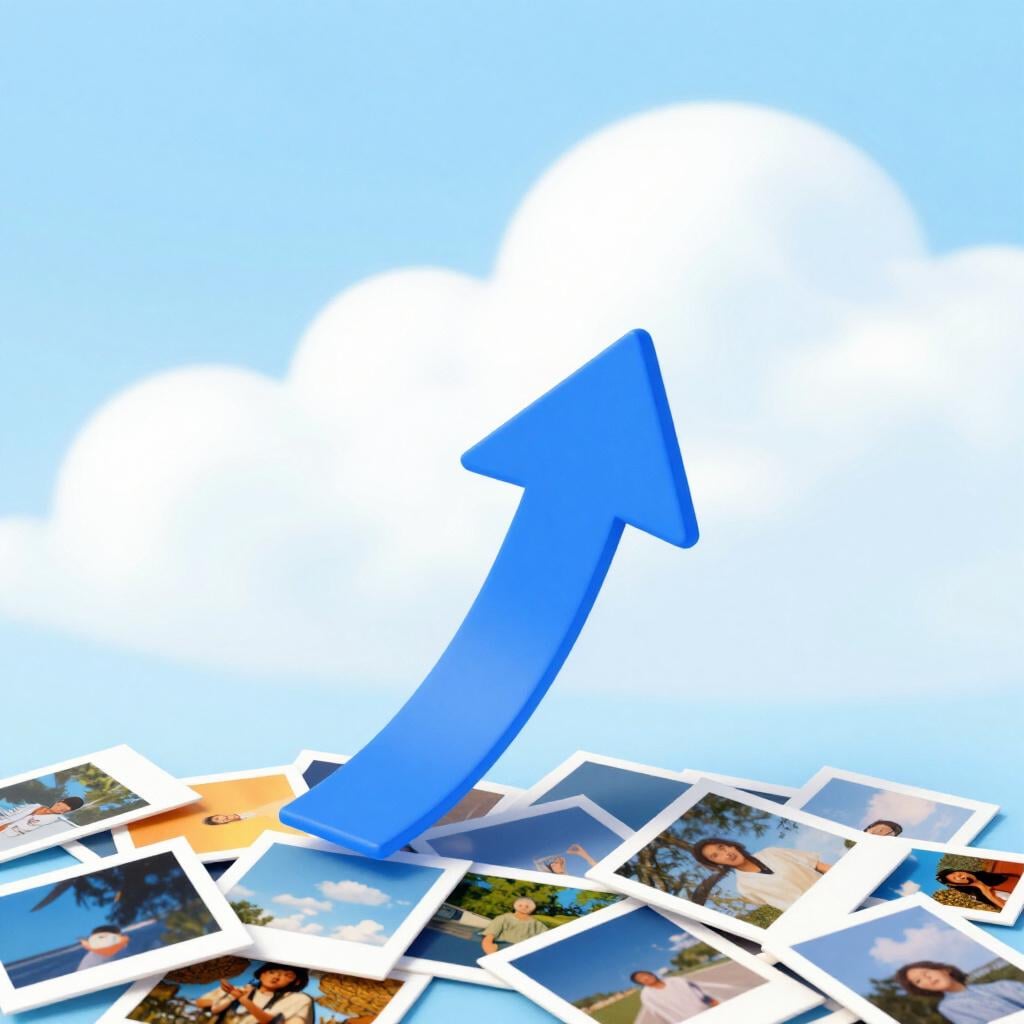 An arrow pointing upwards from a stack of photos towards a cloud.