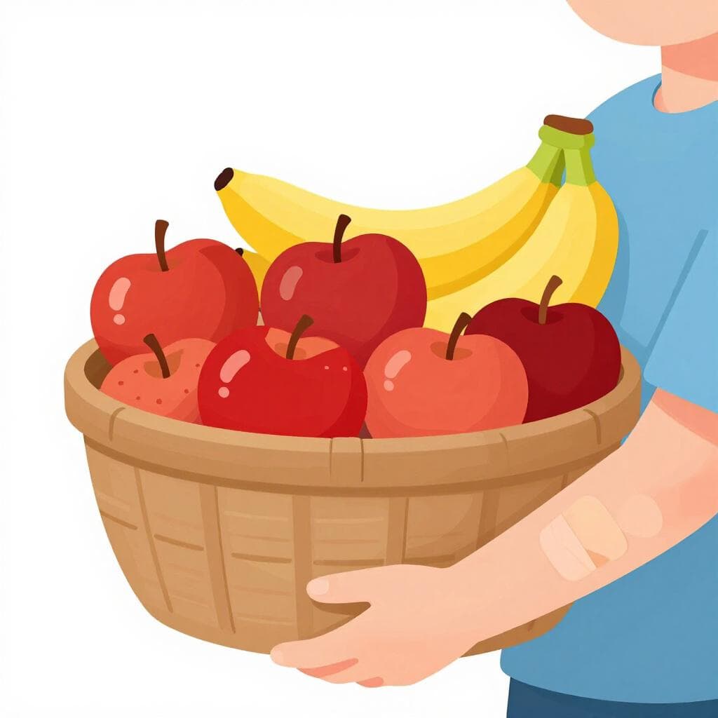 Uma pessoa com um pequeno curativo no braço recebendo uma cesta de presente grande e colorida cheia de frutas.