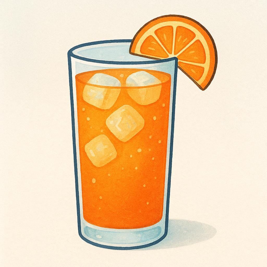 A colorful, garnished cocktail served in a tall glass with ice on a simple background.