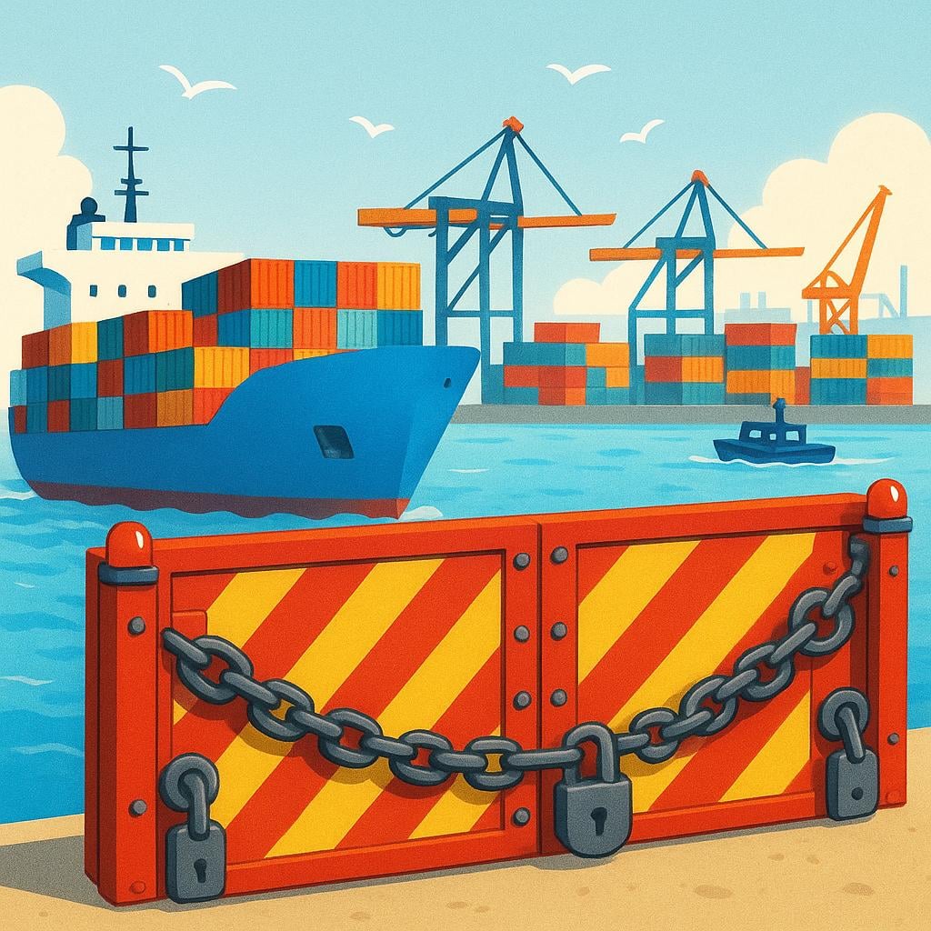 A massive, official red and yellow barrier blocking the path of a large blue cargo ship trying to enter a busy international port, symbolizing a trade ban.