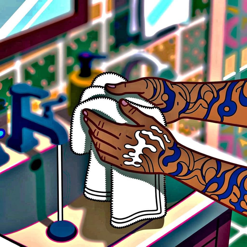 A person is drying their hands with a towel, having just washed them at a sink.