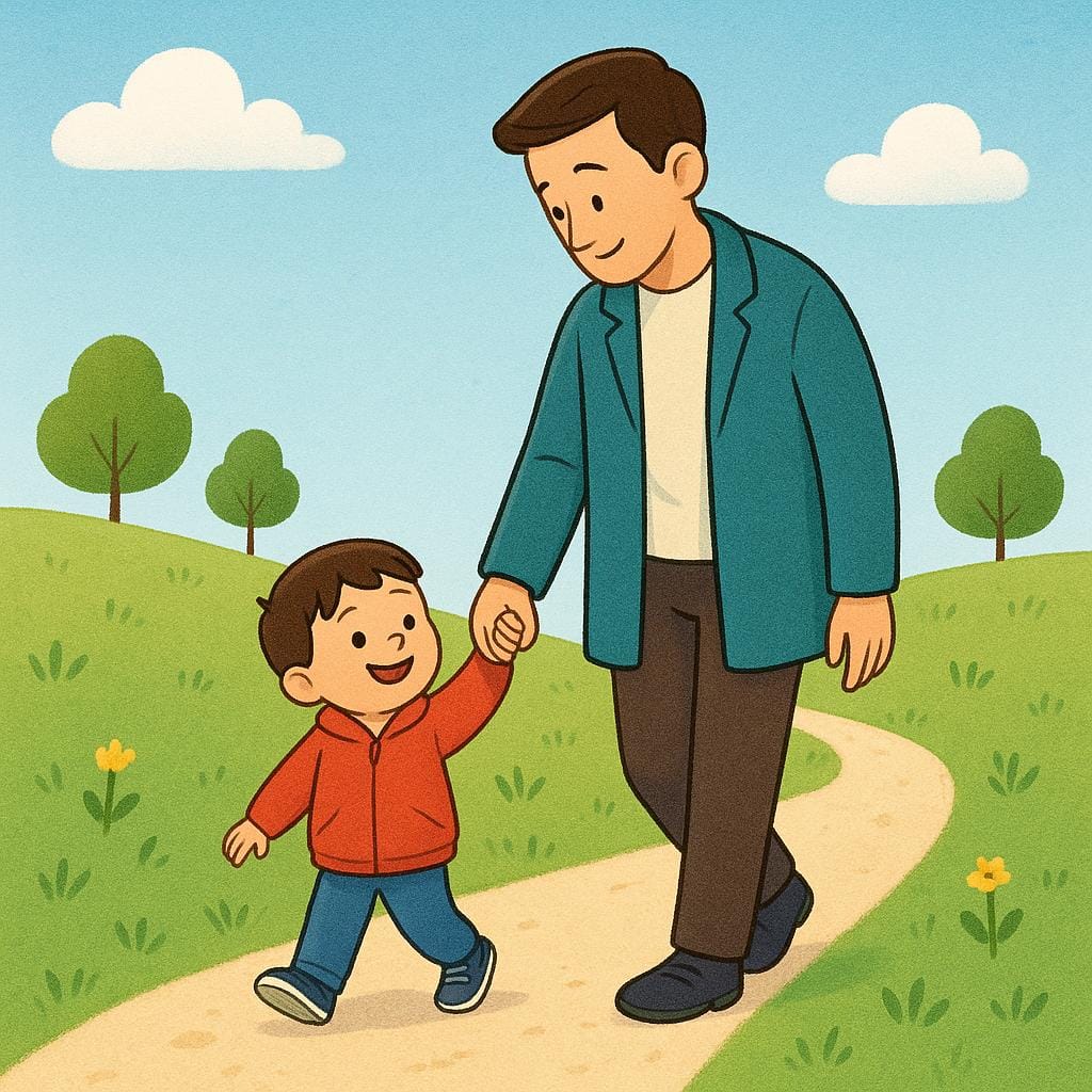 Een illustratie die een lange volwassene toont die de hand van een klein kind vasthoudt, wat symboliseert dat het kind wordt opgevoed of grootgebracht.