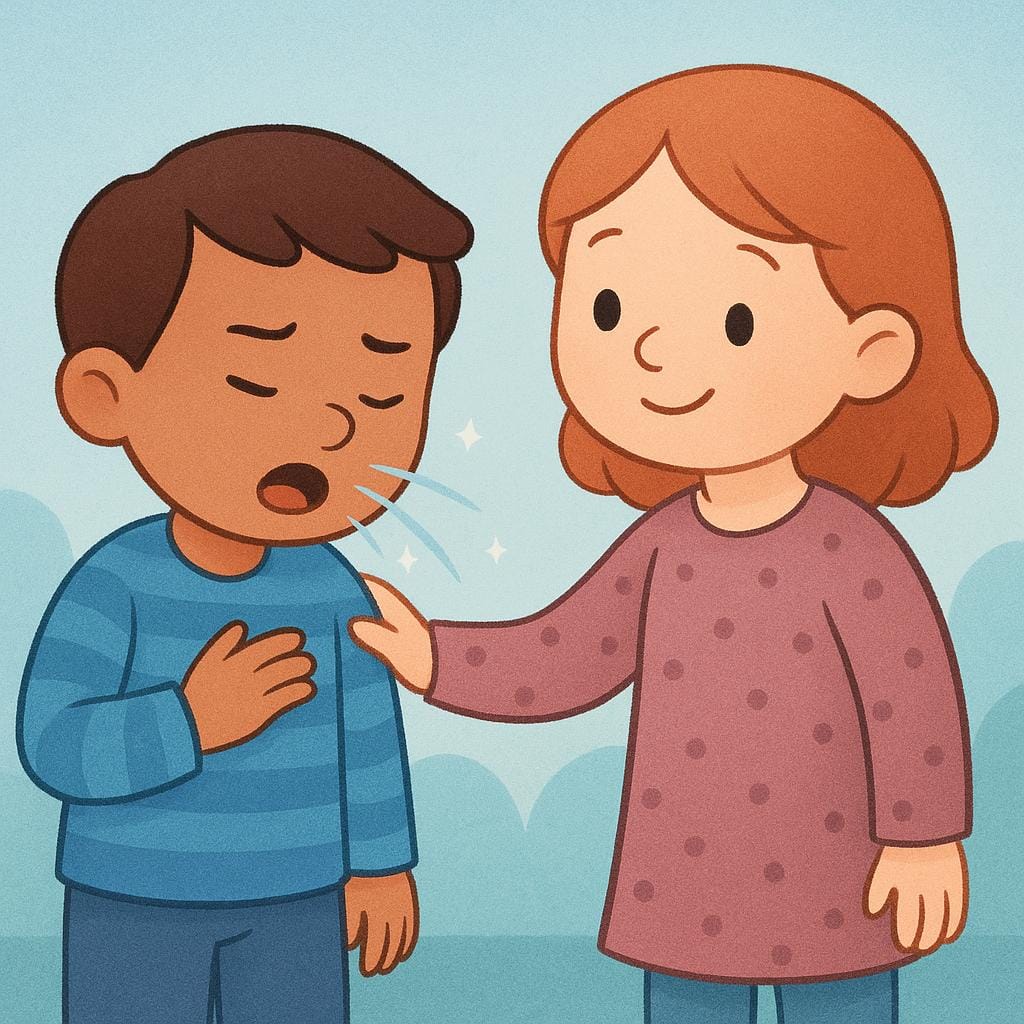 Een vereenvoudigde stripboekillustratie die één persoon toont die net heeft geniest, aangegeven door een lichte puf, en een andere persoon die met een vriendelijke uitdrukking toekijkt, wat de zin 'Gezondheid' symboliseert.